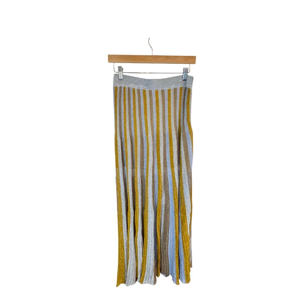 New HAPPY SHEEP Multi-Color Metallic Gold Silver Striped Pleated Maxi Skirt Sz S - Picture 8 of 11